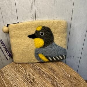 Felted Wool Neutral Wallet Pouch Yellow Rumped Warbler Bird Lover Makeup Bag